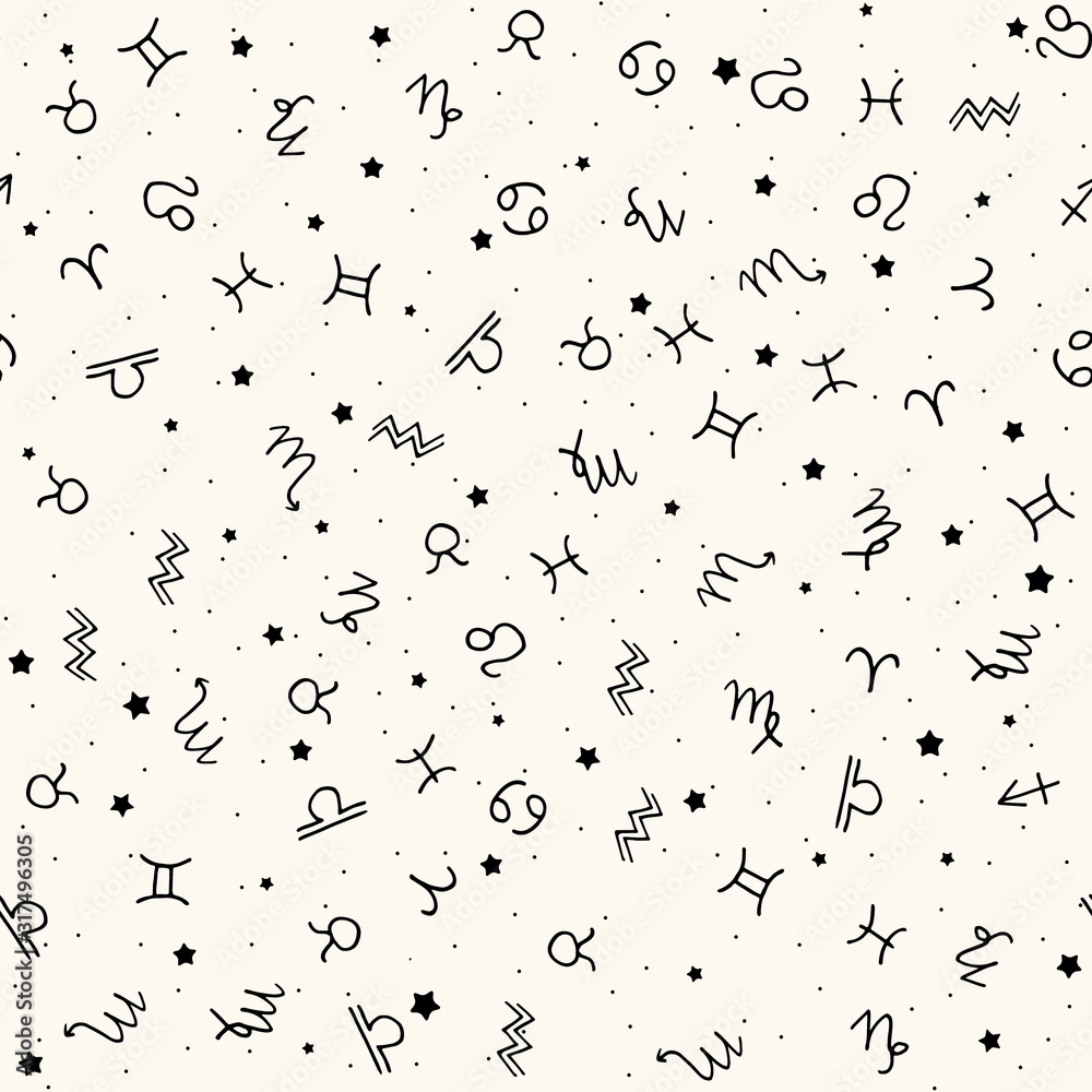 Seamless astrology vector pattern with horoscope signs and small stars. Mystic monocrome backround for fortunetelling concept