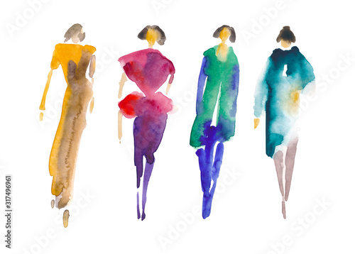 Hand drawn watercolor illustration. Silhouettes of four women. People shaped watercolor stains