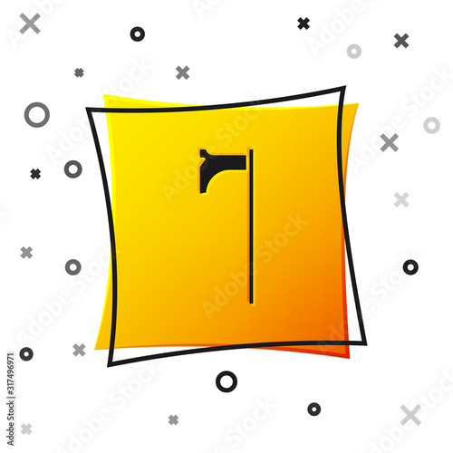 Black Medieval axe icon isolated on white background. Battle axe, executioner axe. Medieval weapon. Yellow square button. Vector Illustration