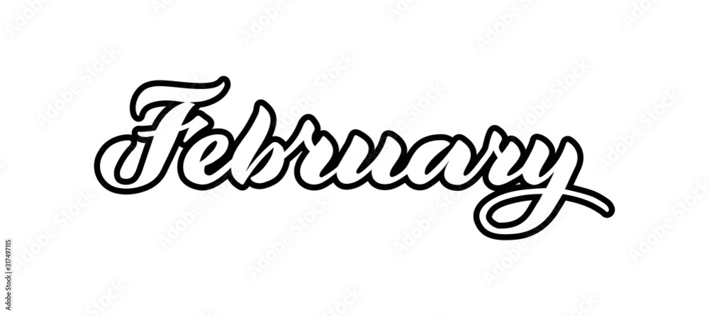 February - vector lettering of hand drawn. White and  black illustration  isolated on white.  Lettering, handwritten words, design elements. EPS 10