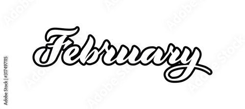 February - vector lettering of hand drawn. White and  black illustration  isolated on white.  Lettering, handwritten words, design elements. EPS 10