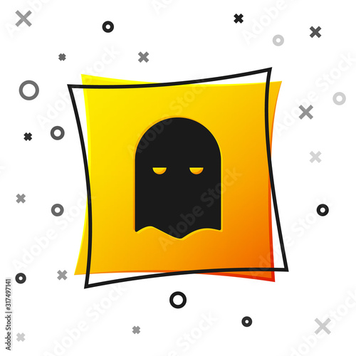 Black Executioner mask icon isolated on white background. Hangman, torturer, executor, tormentor, butcher, headsman icon. Yellow square button. Vector Illustration