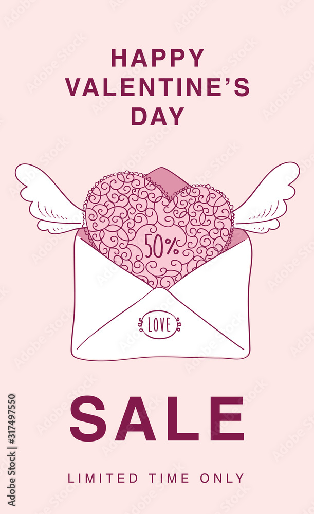 Happy Valentines Day sale. Promotional poster. Vintage heart with wings. Valentine in envelope. 50% off. Vector.	
