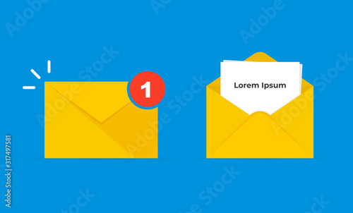 Mail icon. Yellow envelope icon. Read message. Incoming new email message. Flat vector illustration of the new messages in the inbox. Concept for phone apps, tablets, and other software. 