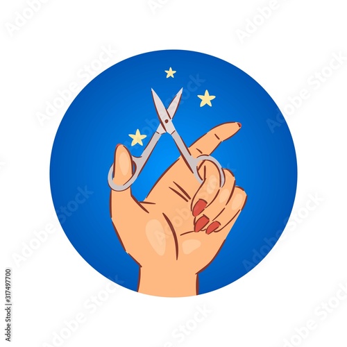 Manicure and nail art salon concept circle badge with female manicured hands and scissors cartoon vector illustration. Manicure hand closeup.