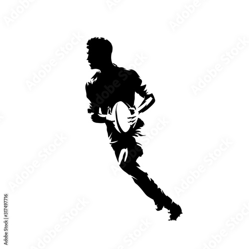 Rugby player running with ball, isolated vector silhouette, ink drawing