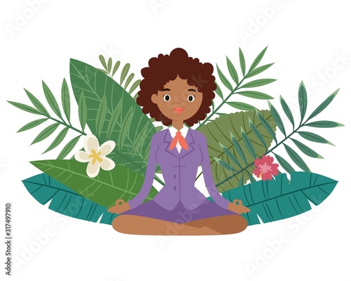 Business woman meditation, keep calm and relax spiritual zen balance lotus yoga vector illustration. Black skinned business woman doing yoga in plants try to keep calm under stress pressure problem.