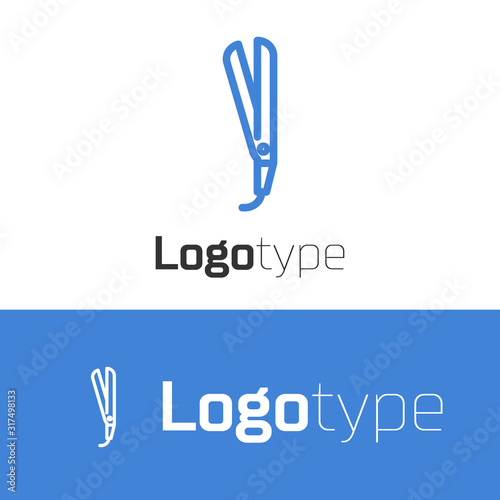 Blue line Curling iron for hair icon isolated on white background. Hair straightener icon. Logo design template element. Vector Illustration