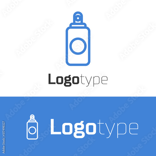 Blue line Spray can for air freshener, hairspray, deodorant, antiperspirant icon isolated on white background. Logo design template element. Vector Illustration