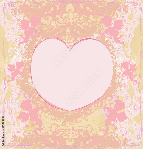happy valentines day vintage card with cupids and heart-shaped frame