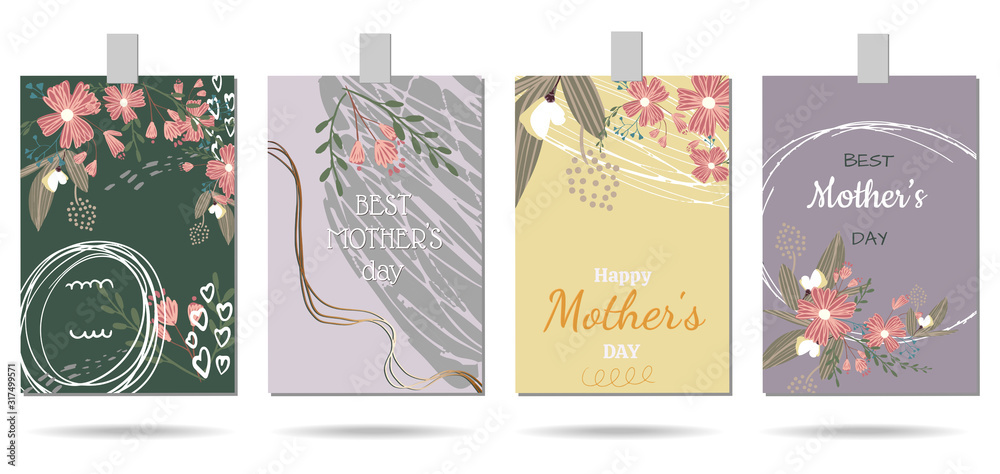 Set of Mother's day greeting card greeting cards with simple flowers. Vector illustration.