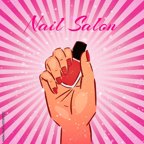 Nail salon vintage background with female manicured hand and nail polisher bottle pink cartoon vector illustration. Manicure nail salon retro poster.