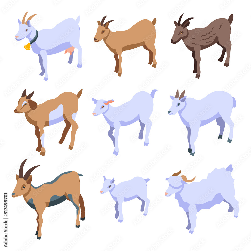 Goat icons set. Isometric set of goat vector icons for web design isolated on white background