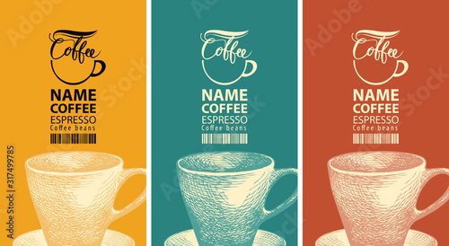 Set of three vector labels for coffee beans. Coffee labels with hand-drawn cups and barcodes on different colored backgrounds