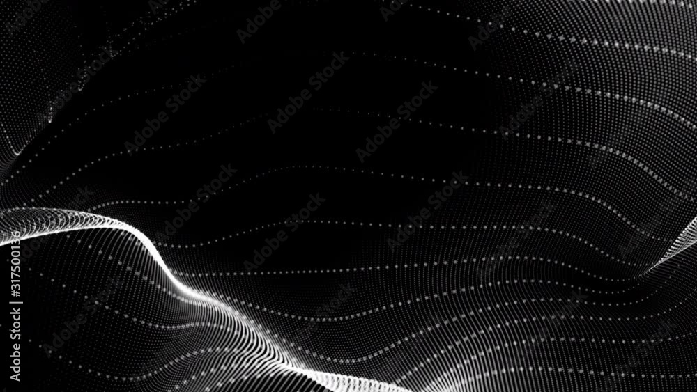 Graphic dotted white dynamic abstract wave pattern in motion on a dark black minimalist particle textured background Graphic dotted white dynamic abstract wave pattern in motion on a dark black minimalist particle textured background