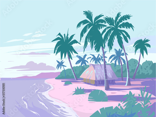 Tropical landscape with bungalow, palm tree, beach. Vector illustration