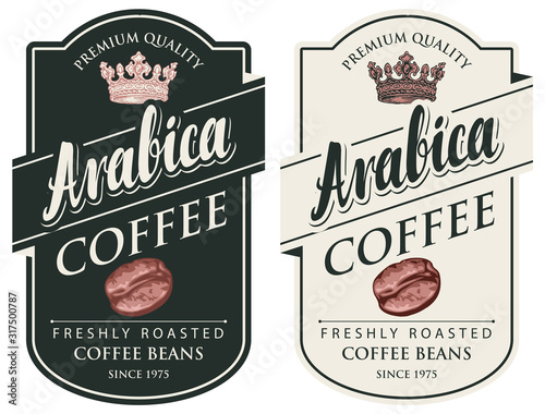 Set of two vector labels for freshly roasted coffee beans in retro style. Coffee labels with inscriptions Arabica, hand-drawn coffee beans and crowns in figured frames.