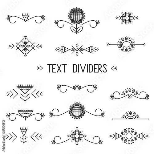 Set of text dividers in tribal style. Floral and geometric elements. Sunflowers and leaves in ethnic style. Vector illustration