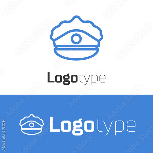 Blue line Police cap with cockade icon isolated on white background. Police hat sign. Logo design template element. Vector Illustration