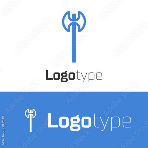 Blue line Medieval axe icon isolated on white background. Battle axe, executioner axe. Medieval weapon. Logo design template element. Vector Illustration