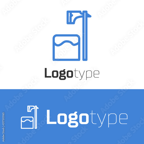 Blue line Executioner axe in tree block icon isolated on white background. Hangman, torturer, executor, tormentor, butcher, headsman. Logo design template element. Vector Illustration