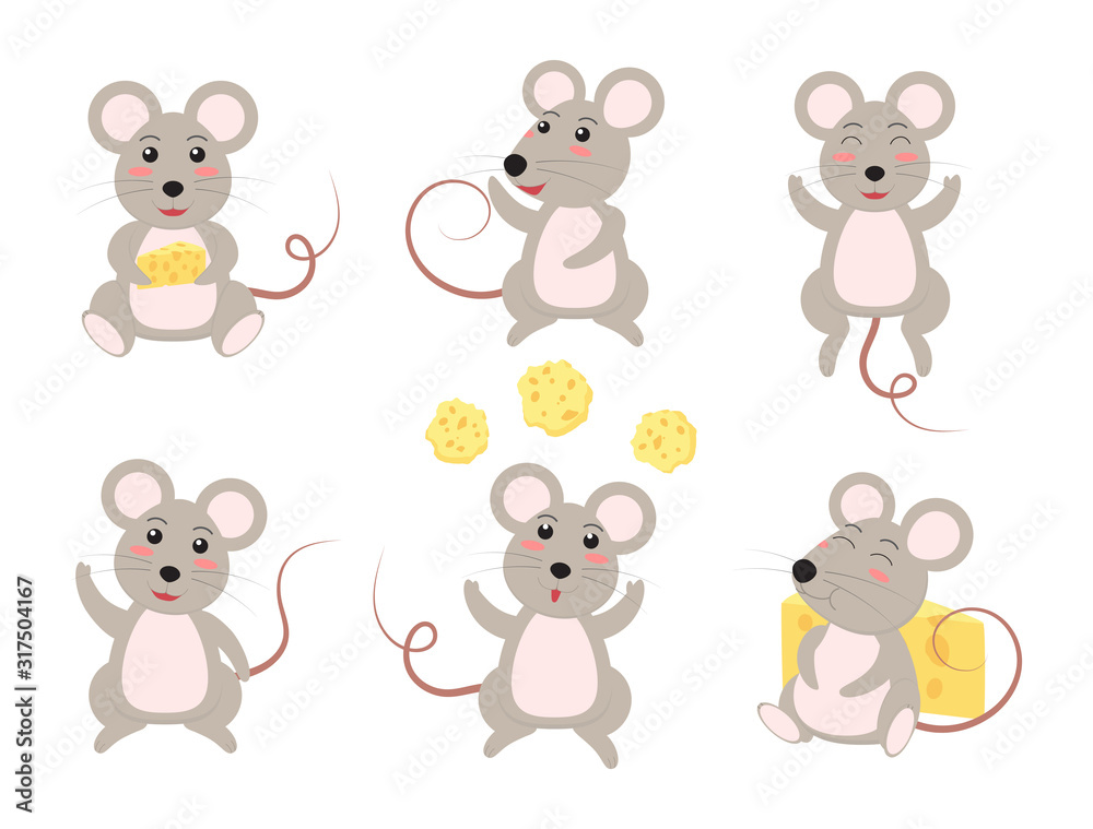Cute cartoon rat vector set in different emotion isolated on white background - Vector illustration