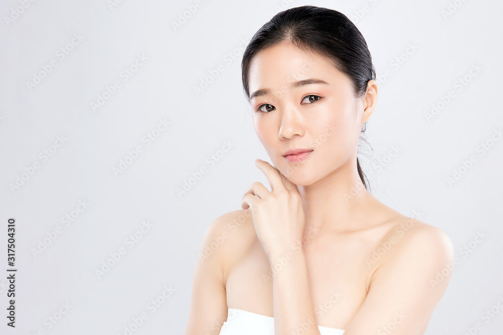 Portrait beautiful young asian woman clean fresh bare skin concept. Asian girl beauty face skincare and health wellness, Facial treatment, Perfect skin, Natural make up, on white background,two Portrait beautiful young asian woman clean fresh bare skin concept. Asian girl beauty face skincare and health wellness, Facial treatment, Perfect skin, Natural make up, on white background,two