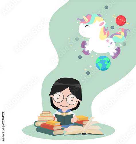 Girl sit reading book with unicorn in space