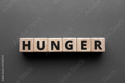 Hunger - words from wooden blocks with letters, need to eat hunger concept, top view gray background