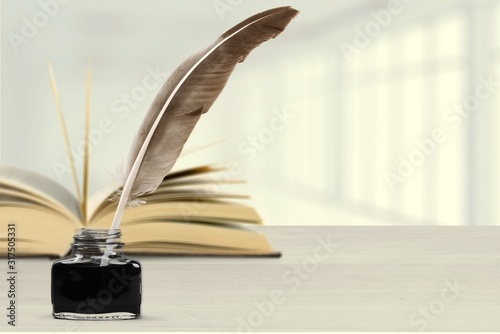 Feather quill pen and glass inkwell with the open book