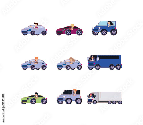 Isolated people inside vehicles icon set vector design