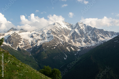 huge snowy mountain covered with thick white clouds and glaciers from which mountain waterfalls flow down against a bright blue sky with greenery and flowers in the foreground
