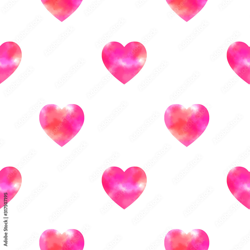 Romantic seamless pattern with pink watercolor hearts. Valentine day ornament for invitation, packaging, wrapping paper, scrapbook, banners, textile