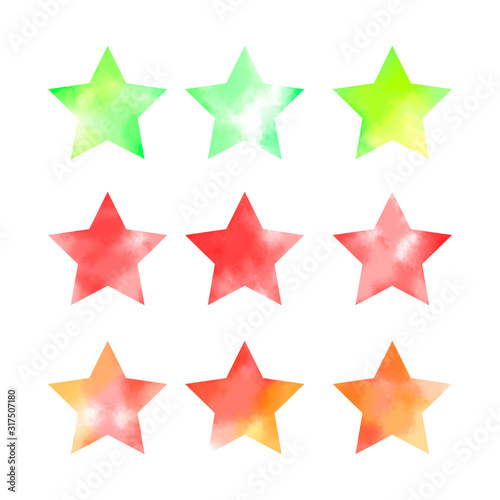 Set of watercolor green  red and orange stars. Decorative elements for packaging  labels  scrapbook  banners  cards  logos