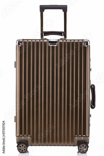 Gold fashion metal trolley case in white background