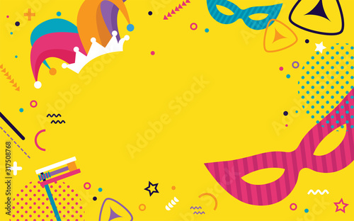 Happy Purim. jewish holiday background and Carnival funfair banner with Carnival masks and traditional Jewish items.