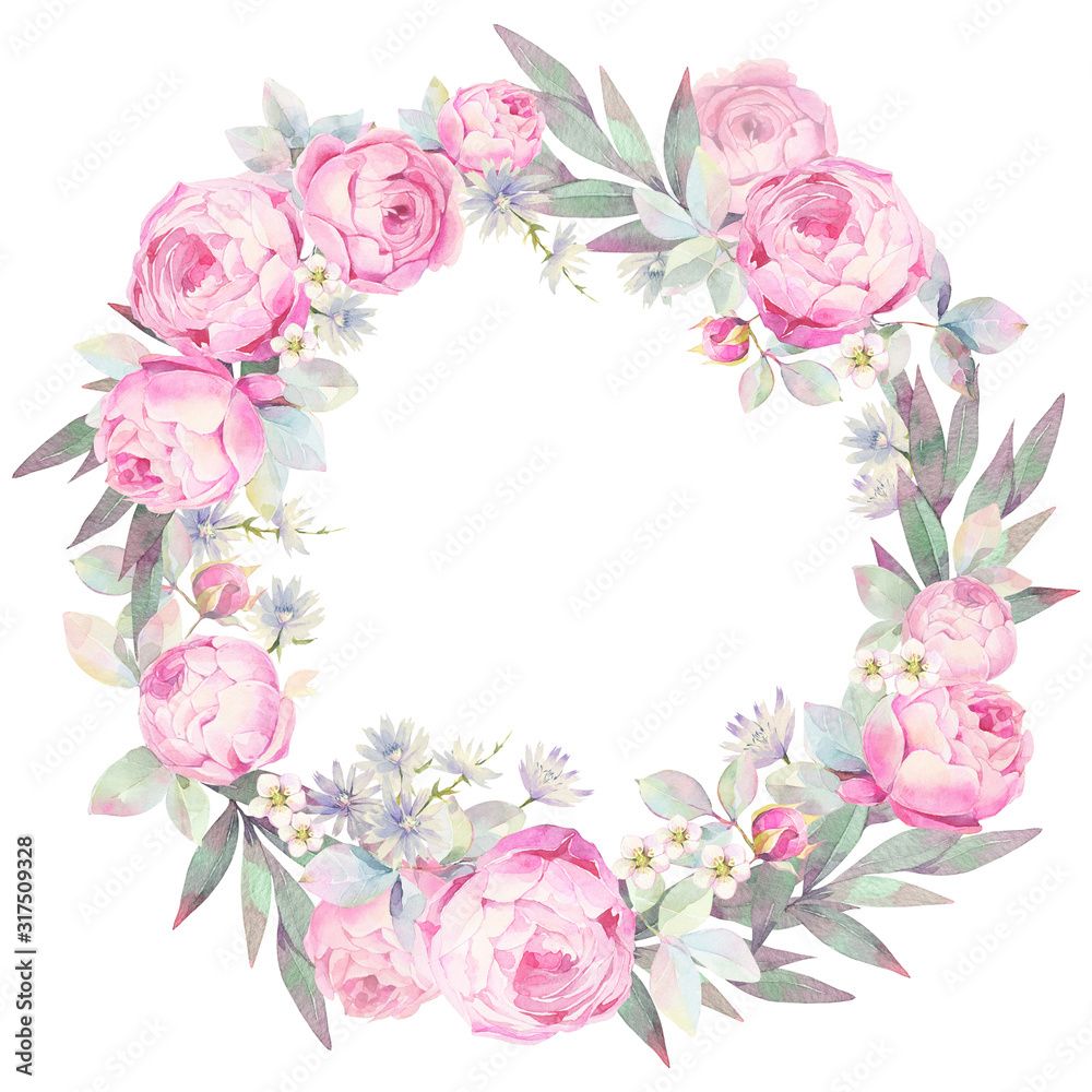 Floral round wreath of pink roses and green branches. Hand drawn watercolor illustration.