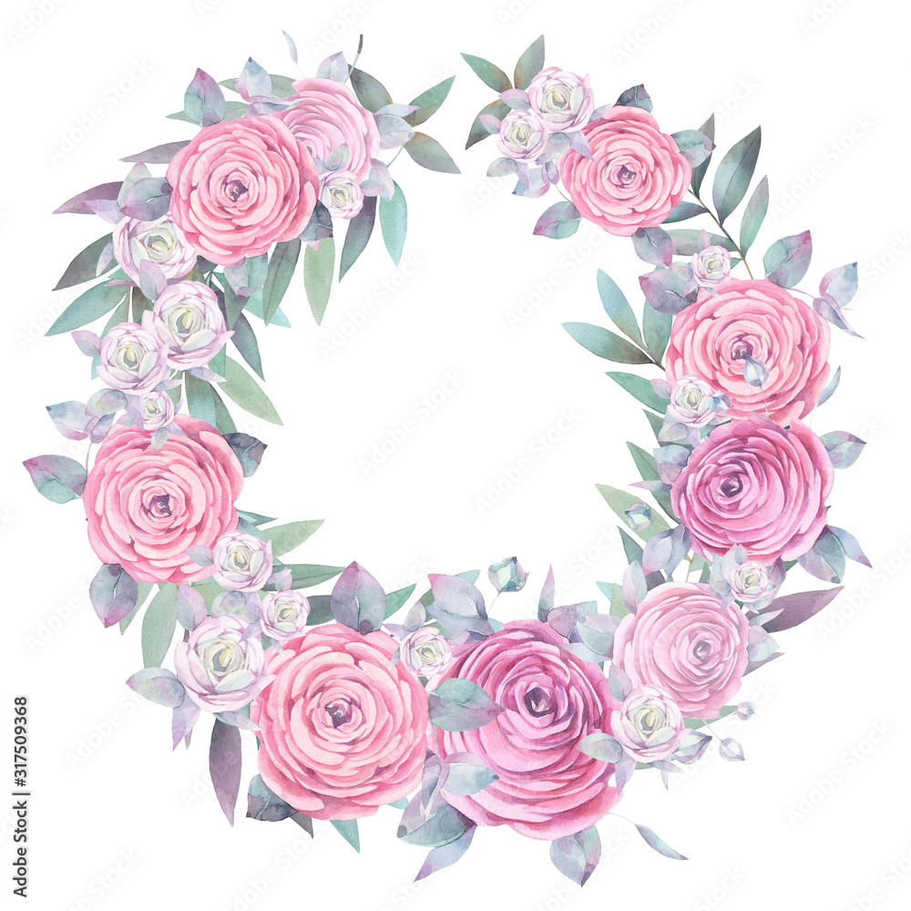 Floral round wreath of pink roses and green branches. Hand drawn watercolor illustration. Floral round wreath of pink roses and green branches. Hand drawn watercolor illustration.