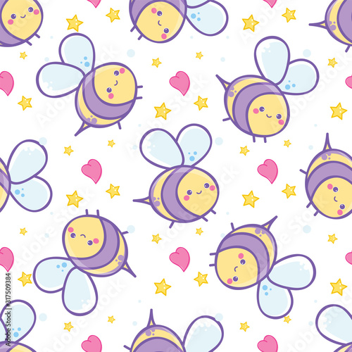 Vector seamless pattern, cute kids design. Kawaii anime smiling bees with hearts and stars on white background. Funny design. Perfect for wallpaper, paper, background, textures, ornament