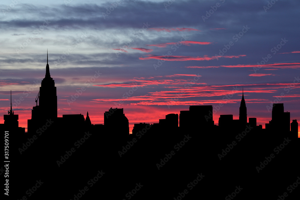 Midtown Manhattan skyline at sunset with beautiful sky illustration