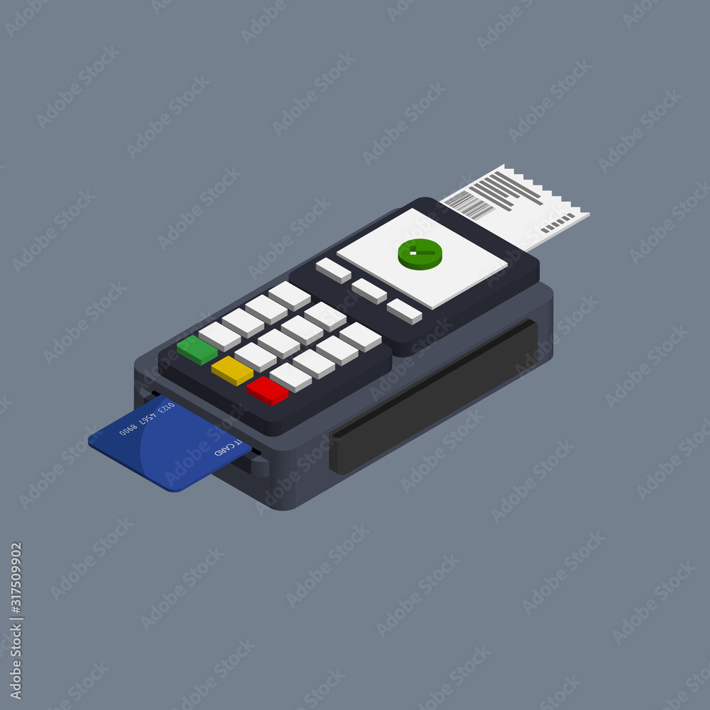 Isometric flat design of POS terminal isolated on grey background. Payment by credit or debit card. Vector illustration. Isometric flat design of POS terminal isolated on grey background. Payment by credit or debit card. Vector illustration.