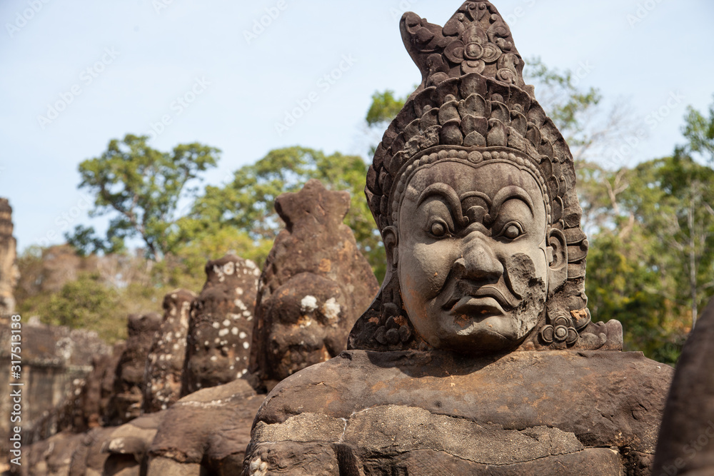 Siem Reap, Cambodia,  January 8, 2020: Angkor Thom South Gate - Angkor Wat