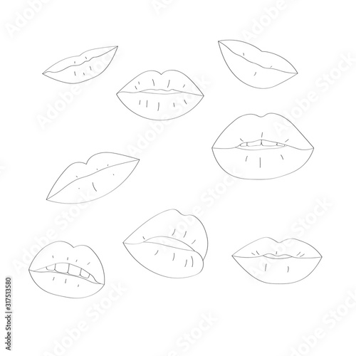  doodle lips print isolated vector set.  Sexy lips   kiss mouth. Female mouth. Print of lips vector background.  Lips Silhouette 