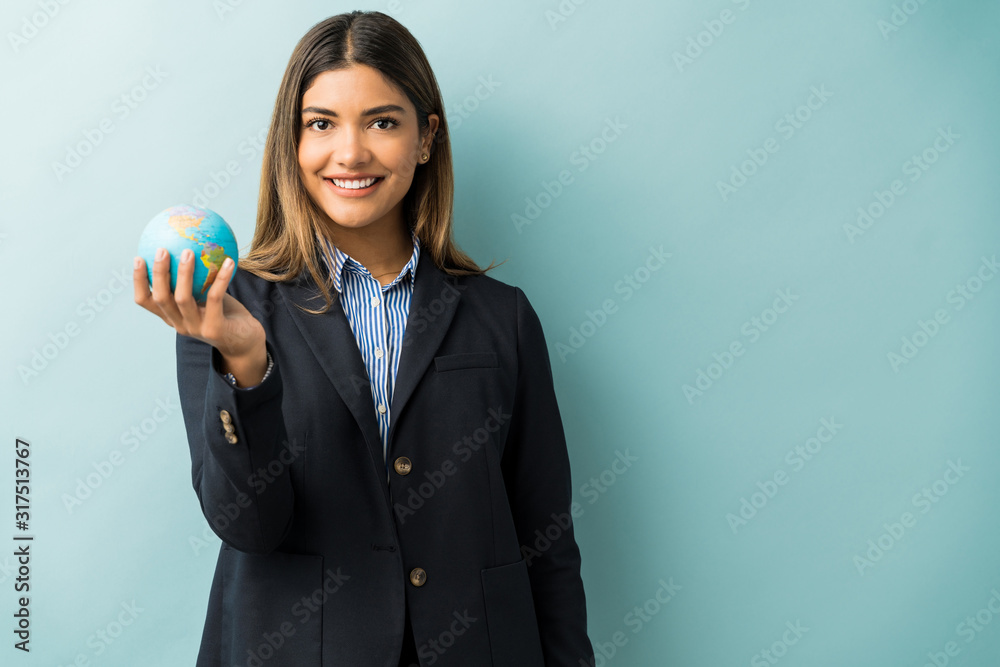 Latin Businesswoman With World Map Against Isolated Background Latin Businesswoman With World Map Against Isolated Background