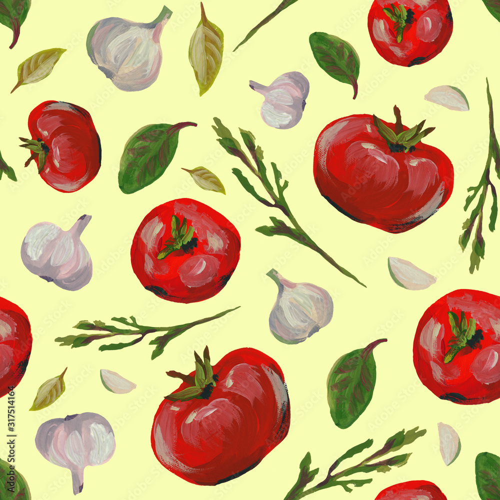 Seamless pattern with tomatoes, arugula, basil and garlic, herbs, salad. Gouache hand drawn illustration. Fresh food vegetarianism. Design for textiles, packaging, fabrics, menus, restaurants, cafes. Seamless pattern with tomatoes, arugula, basil and garlic, herbs, salad. Gouache hand drawn illustration. Fresh food vegetarianism. Design for textiles, packaging, fabrics, menus, restaurants, cafes.