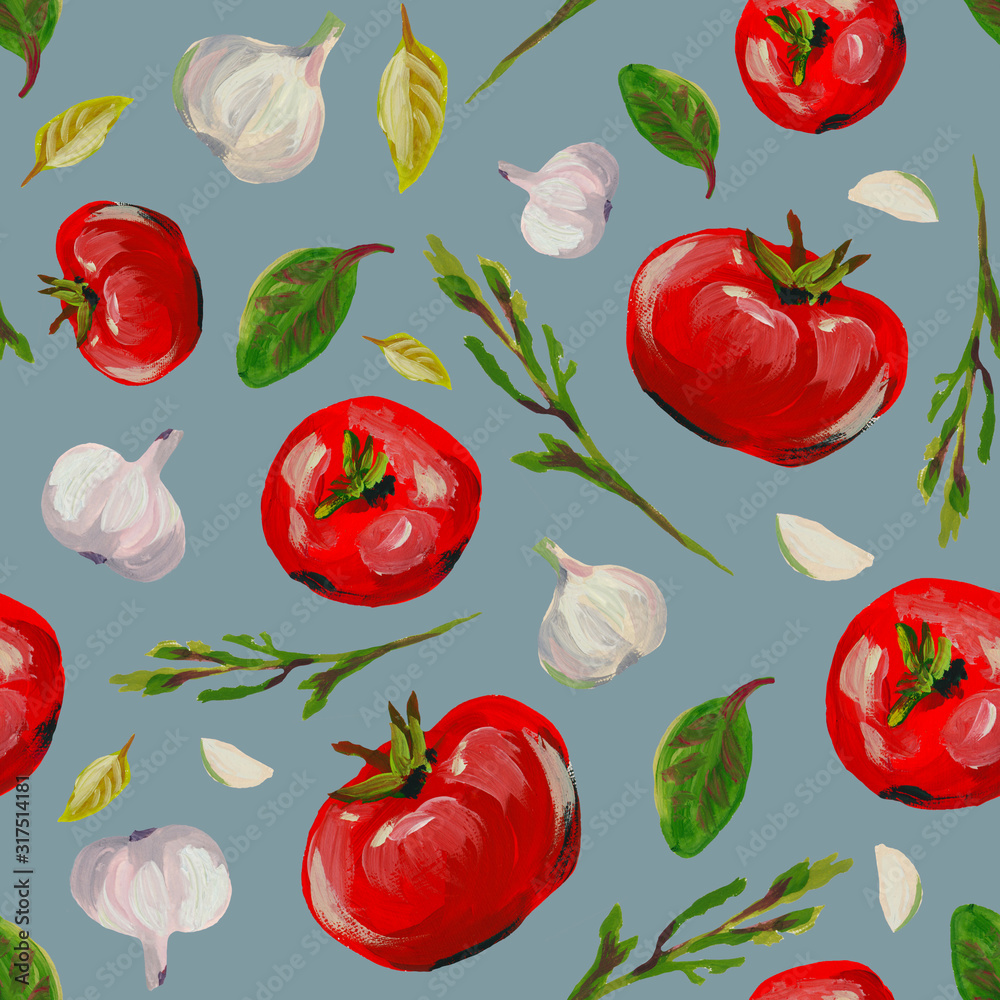 Seamless pattern with tomatoes, arugula, basil and garlic, herbs, salad. Gouache hand drawn illustration. Fresh food vegetarianism. Design for textiles, packaging, fabrics, menus, restaurants, cafes. Seamless pattern with tomatoes, arugula, basil and garlic, herbs, salad. Gouache hand drawn illustration. Fresh food vegetarianism. Design for textiles, packaging, fabrics, menus, restaurants, cafes.