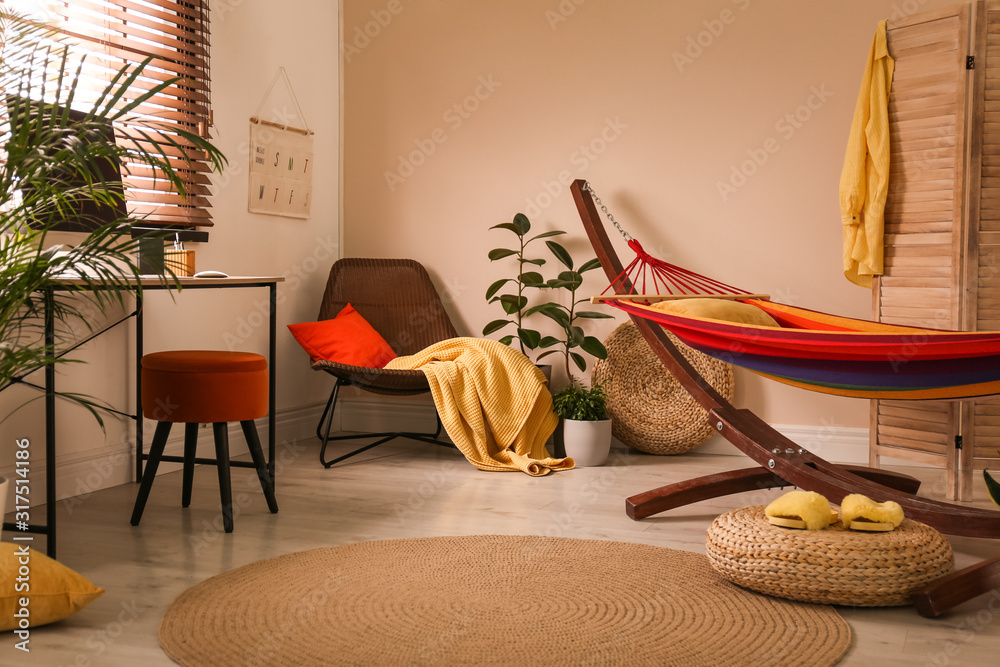 Colorful hammock with pillow in modern room interior - obrazy, fototapety, plakaty 