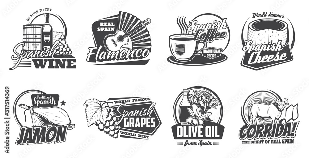 Spanish cuisine, travel vector icons. Vector spanish wine, bottle, barrel and grape, cheese and jamon snacks, coffee and olive oils. Flamenco fan and guitar, corrida bull. Monochrome icons