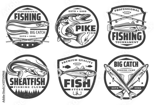 Fishing sport, fisherman hobby isolated monochrome logos. Vector fishery tackles, crossed rods, pike, trout and sheatfish, big catch. Fishing camp, flounder and pike on hook, bait or lure, river lake