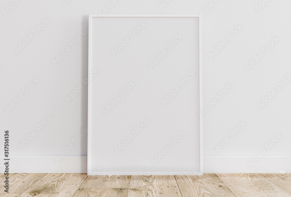 Stockillustratie Blank vertical white poster frame standing on light